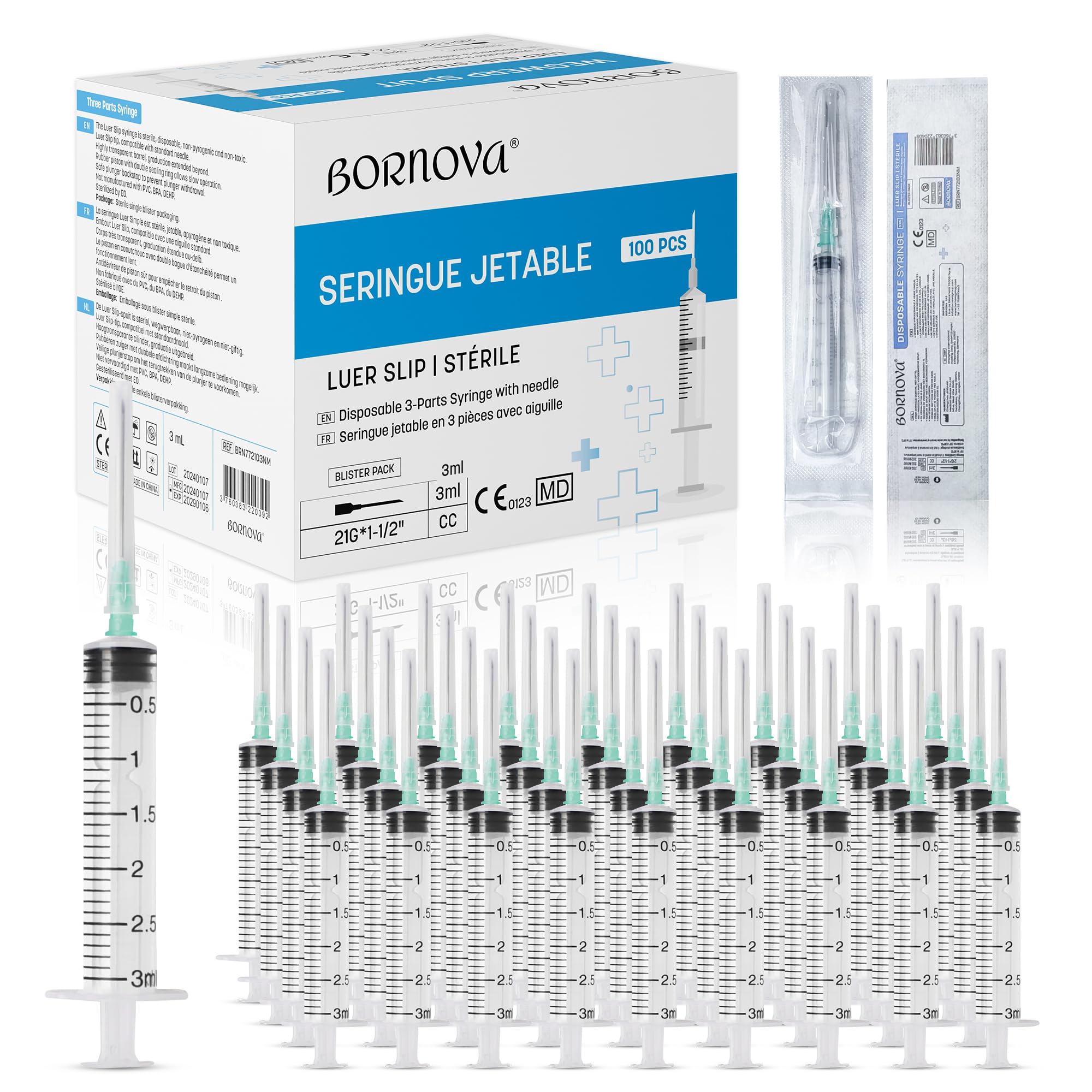 BORNOVA - 3 ML /100 unidades - Dispensadores de líquidos con Luer Slip de 21G (preensamblados). Dispensadores de plástico , ideales para la medición precisa de líquidos. (3 ml / 100 unidades).