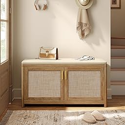 VASAGLE ELLAN Collection - Boho Shoe Bench with Cushion, Entryway Storage Bench with 2 Rattan-Look Cabinet Doors, Rounded Corners, Adjustable Shelf, for Bedroom Under Window, Natural Brown ULSB501KC01