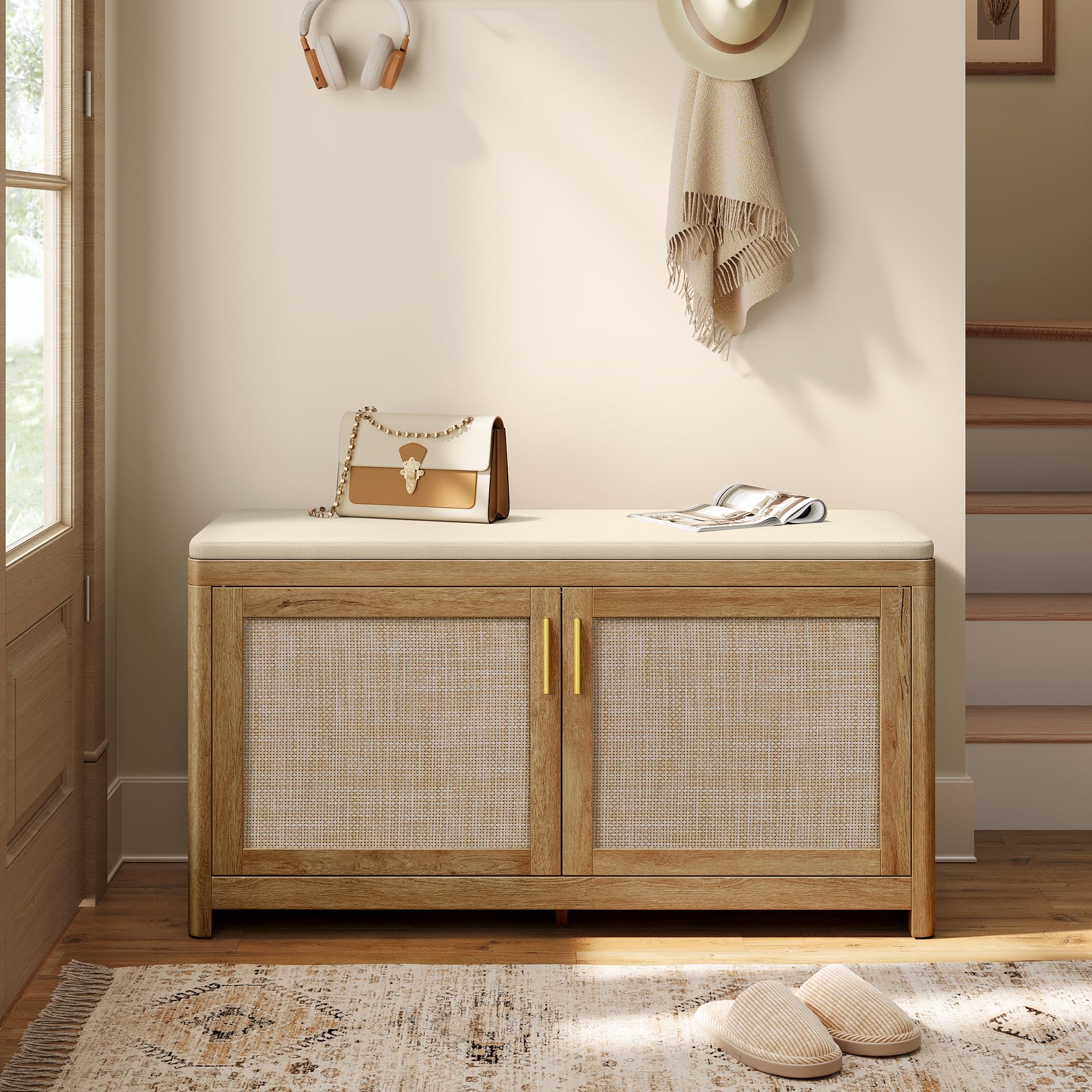 VASAGLE ELLAN Collection - Boho Shoe Bench with Cushion, Entryway Storage Bench with 2 Rattan-Look Cabinet Doors, Rounded Corners, Adjustable Shelf, for Bedroom Under Window, Natural Brown ULSB501KC01
