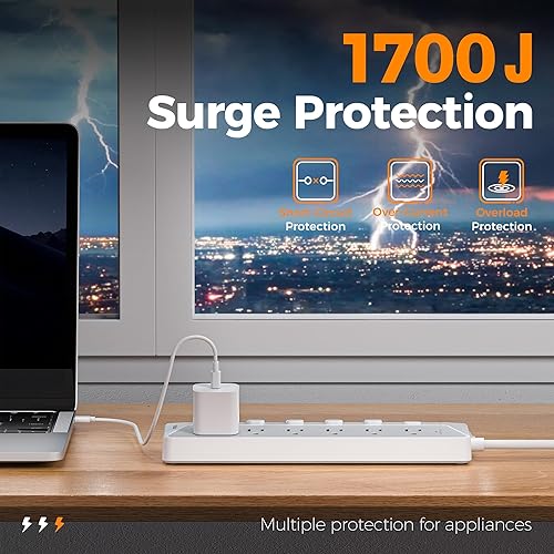 Miniatura 3 de Regleta de alimentación con USB, interruptores individuales, TESSAN 12 salidas y 3 puertos USB, cable de extensión largo de 6 pies con protector de