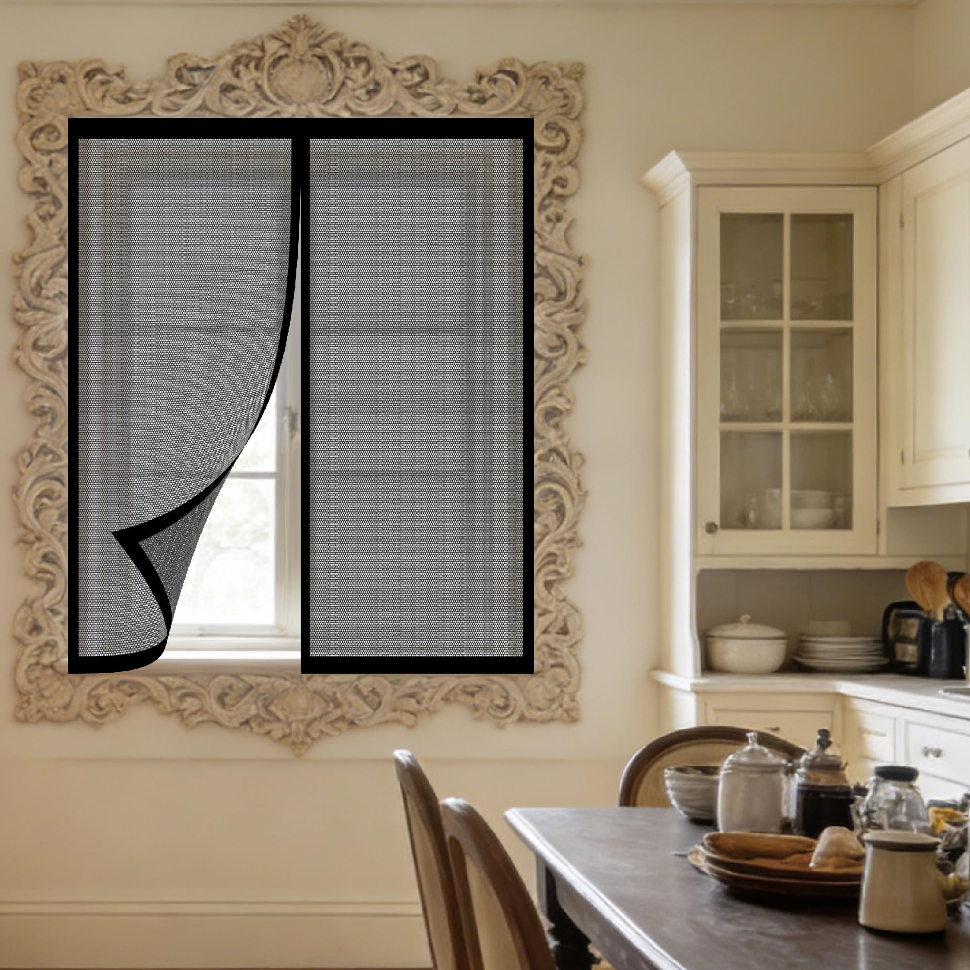 Window Fly Screen 155 x 115 cm Selfadhesive Tape DIY Fly Screen for Windows Fine Mesh Design Prevents Tiny Insects from Entering for Living Room Bedroom Offfice, Black