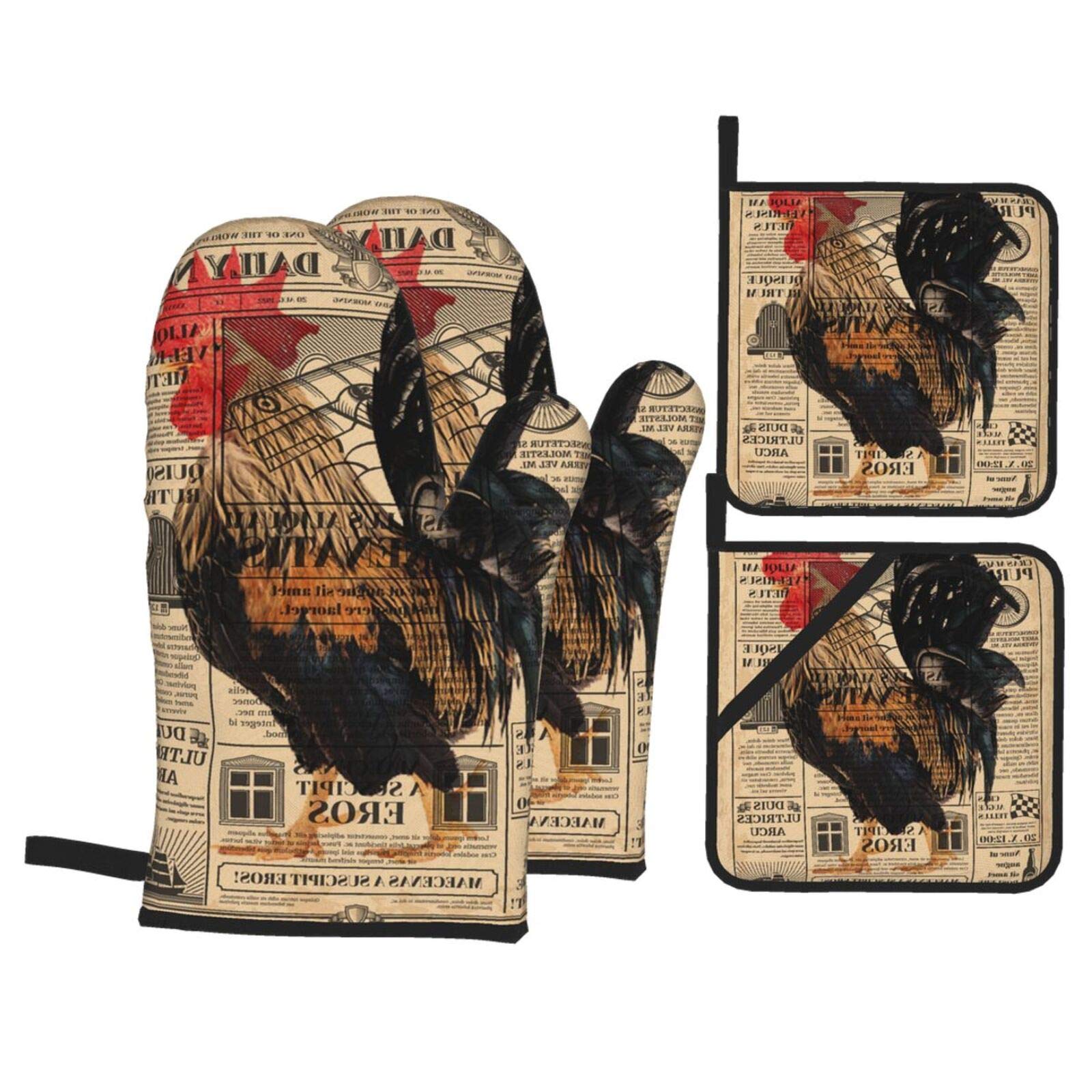 Pnnud Vintage Newspaper Rooster Oven Mitts and Pot Holders Set of 4,Cotton Lining with Non-Slip Hot Pads,Heat Resistant Microwave Gloves for Cooking Baking Grilling BBQ Decorative Kitchen