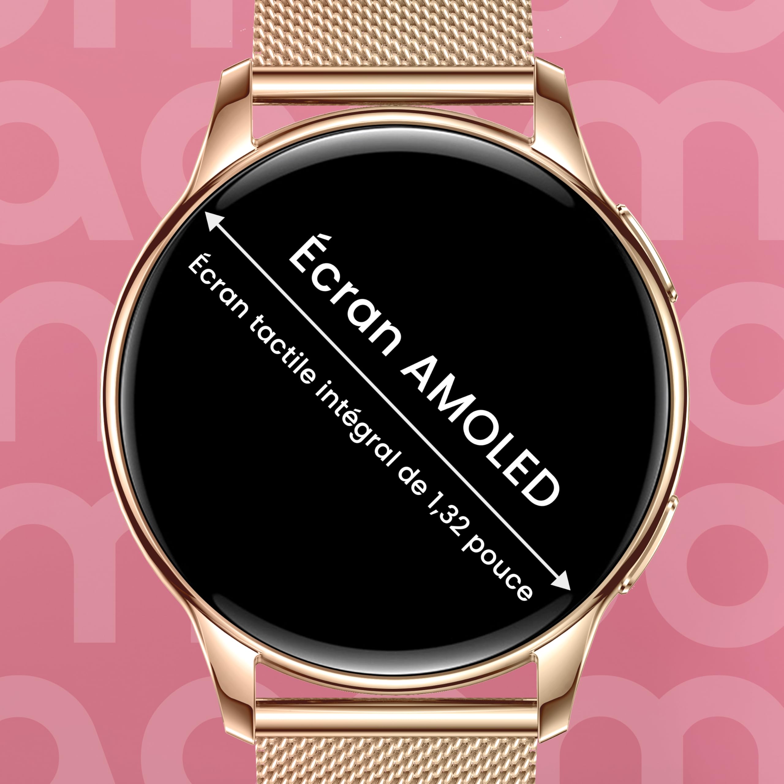 maoo Montre connectée Ventura pour Femme avec Fonction d’Appel, écran AMOLED 1,32 Pouce, cardiofréquencemètre, SPO₂, tensiomètre, Plus de 100 Modes Sport, étanche IP67, 5 Bracelets Inclus (Or Rose)