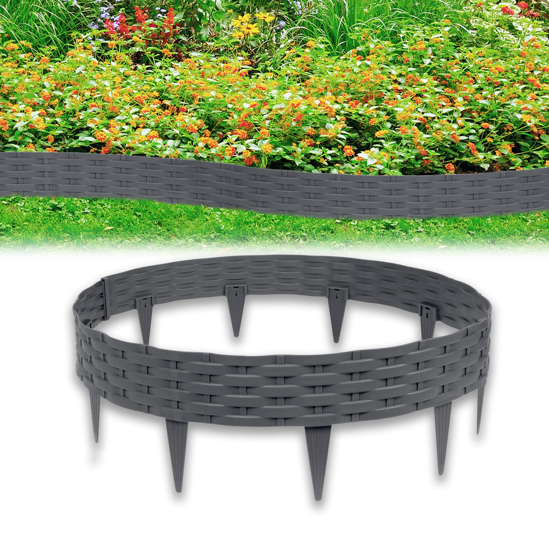 Froadp 100cm Imitación de Ratán Delimitadores de Bordes para Jardín, Borduras de Cama Flexible de Plástico, Bendable Vallas de Césped para Parterres, Empalizadas Bordillos (25 Piezas, Antracita)
