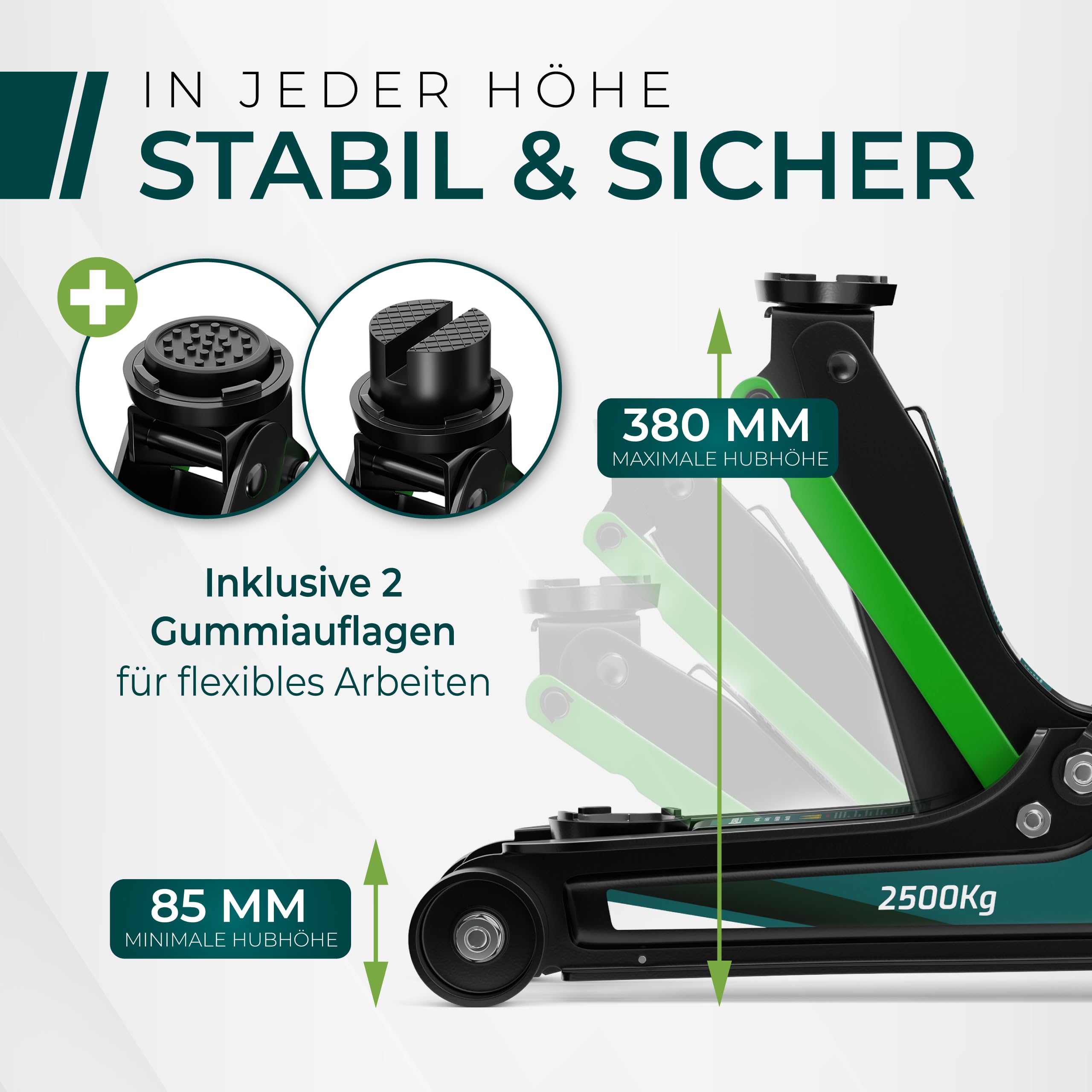 Wagenheber hydraulisch 2,5T – TÜV – 85-380mm Hub – flach für tiefergelegte Autos – Rangierwagenheber inkl. Gummiauflagen [Koffer]