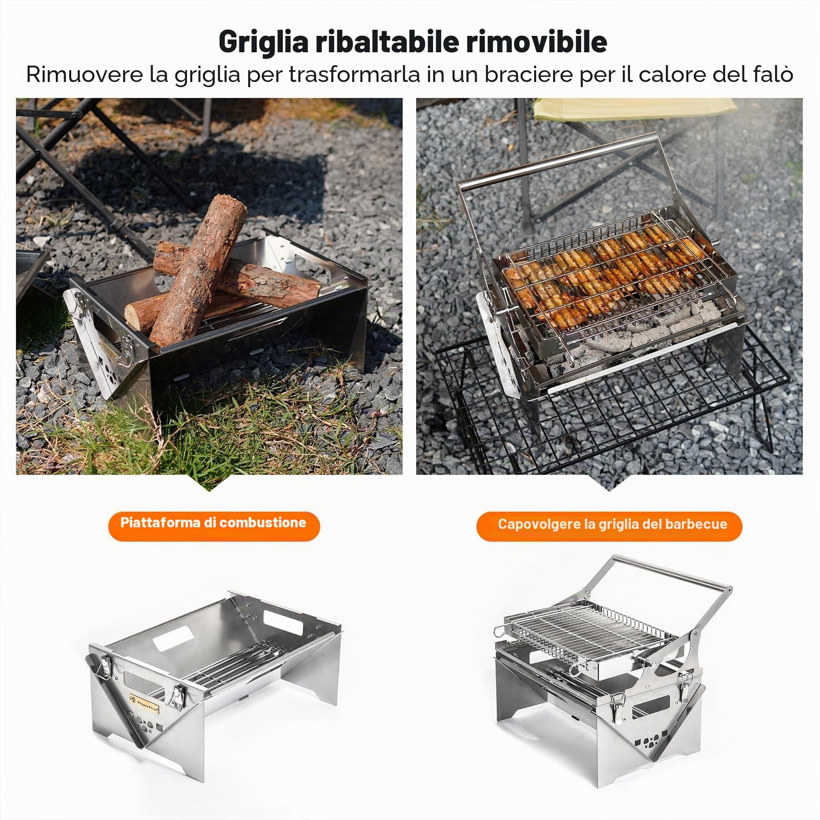Griglia girevole a 360° in acciaio inox, portatile per campeggio e barbecue a carbone, griglia rimovibile per picnic, cortile e feste