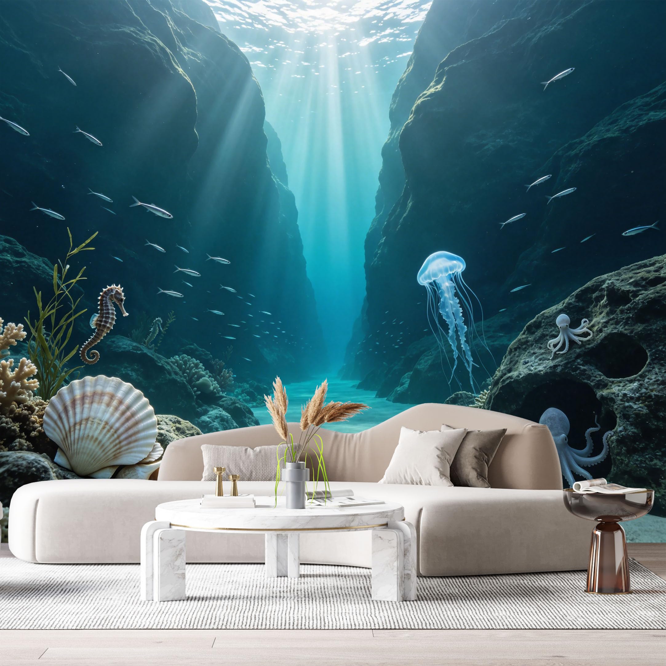 Custom Size Wall Murals Deep Ocean Marine 3D Jellyfish Octopus Sea Shells SelfAdhesiveWall Fabric Removable Wallpaper Wall Decor for Living Room Bedroom Bathroom