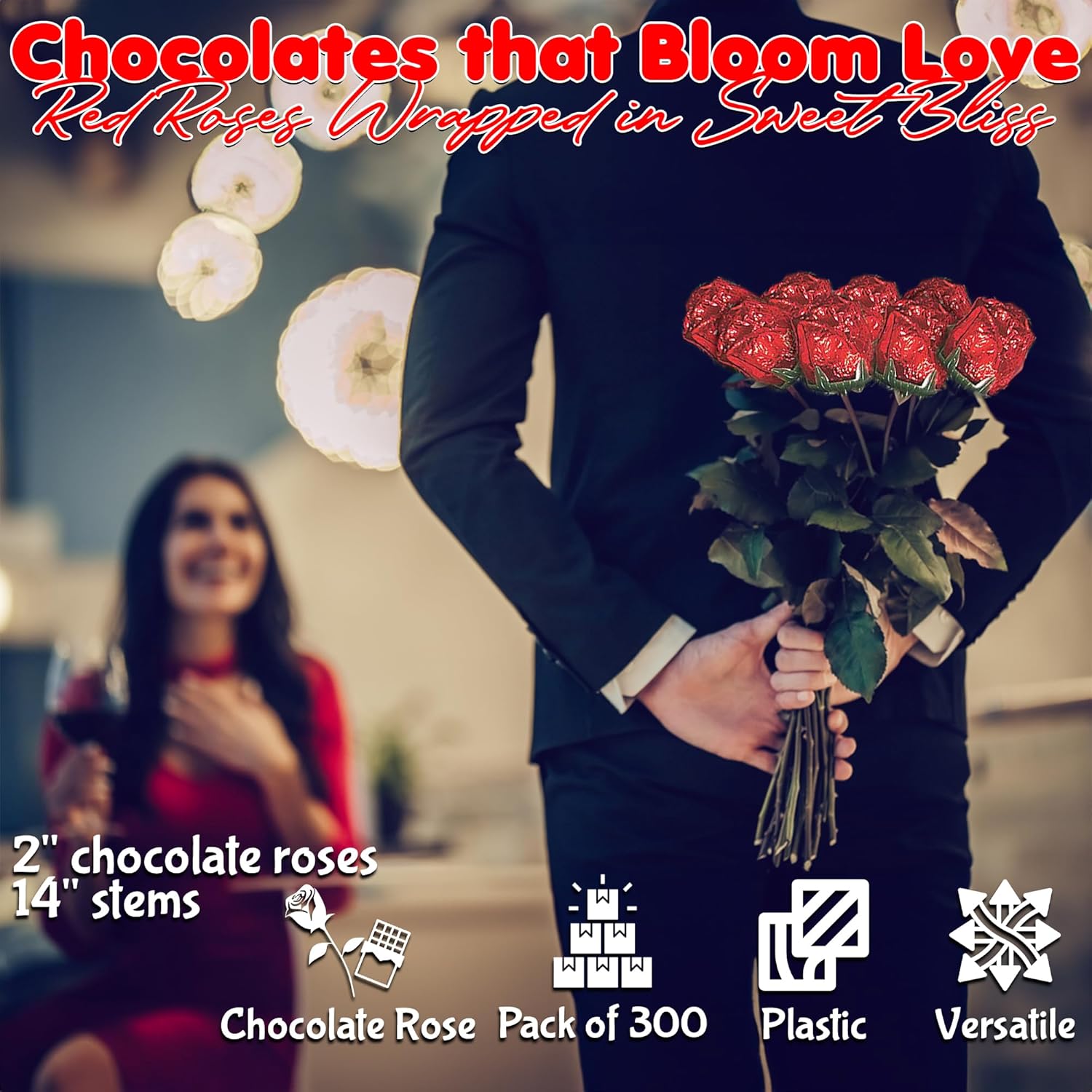 Fun Express Valentines Chocolate Roses Bulk 300 Pieces - Premium Milk Chocolate Individually Wrapped Red Foil Candy Flowers | 14 Inch Long Stem Gift Set for Valentine's Day, Mother's Day & Graduation