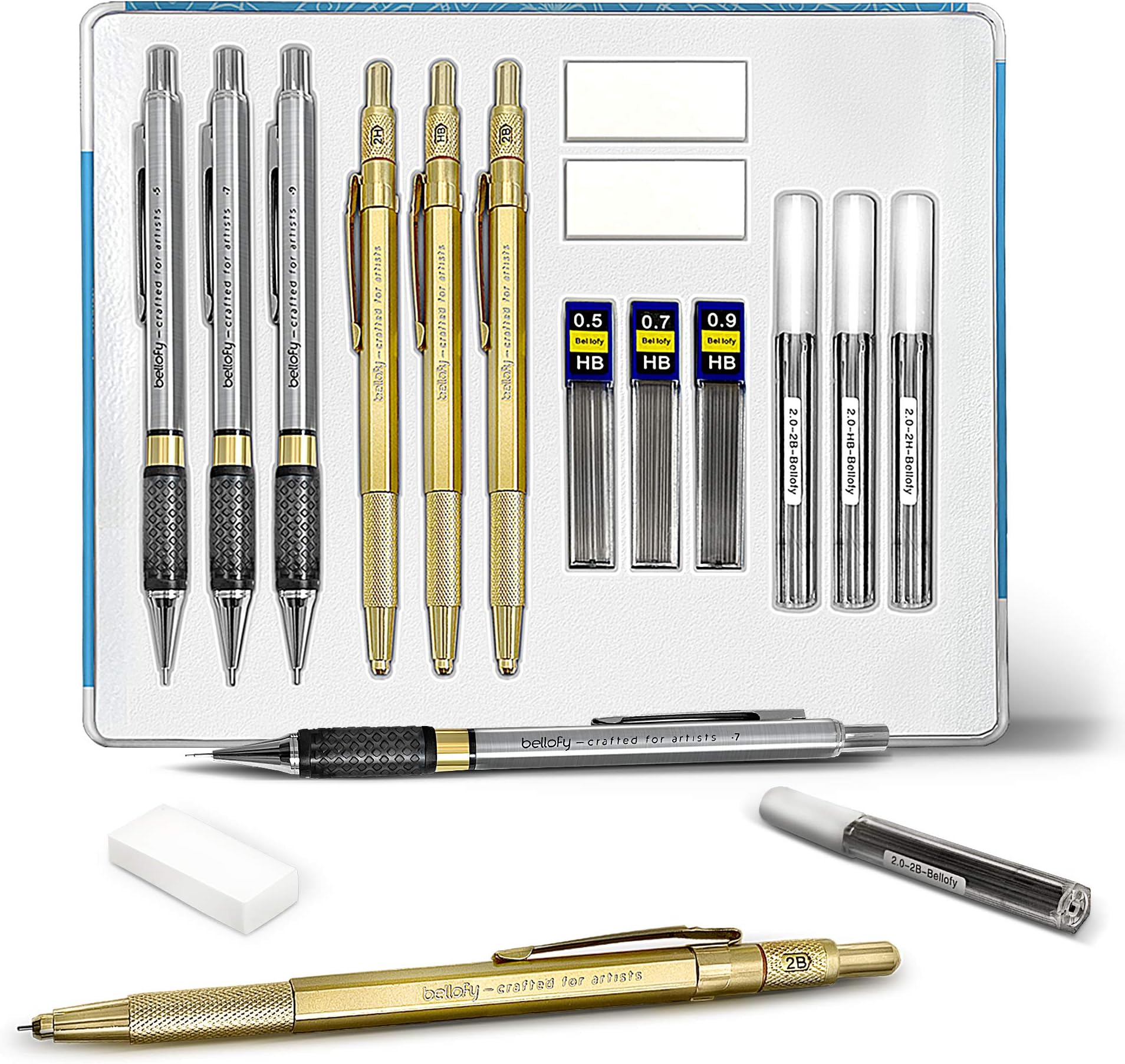 Mechanical Pencils Set for Drafting, Drawing, Writing - 14 Pieces 0.5, 0.7, 0.9mm Leads 2B, HB, 2H Graphite Lead Holders 2.0mm - Lead Refills - Erasers - Artist Sketching Mechanical Pencils