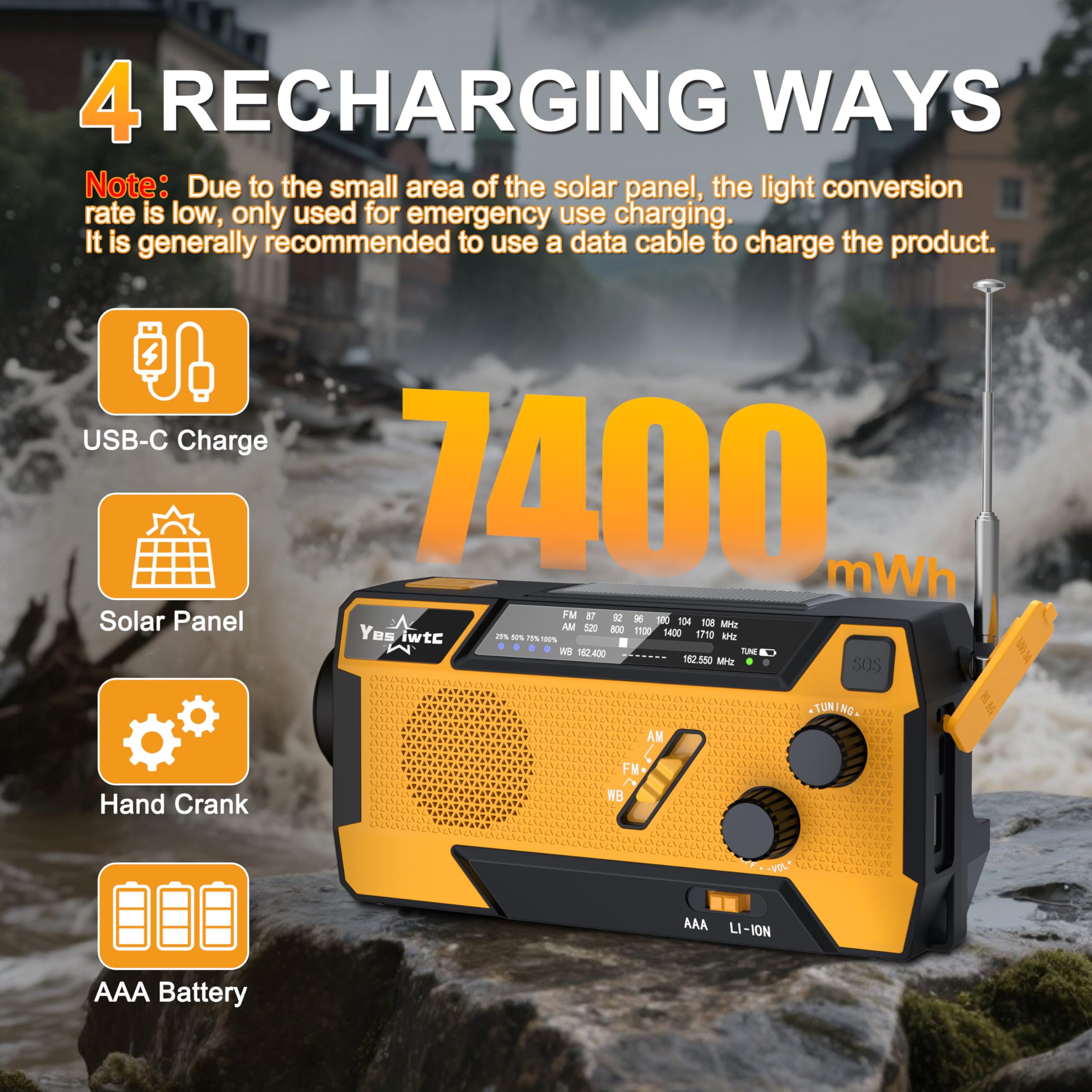 Hand Crank Emergency Radio 7400mWh (2000mAh) Solar Hand Crank Radio Built in 3 Charging Cables AM/FM/NOAA Weather Radio Battery Operated Hand Crank Charger for Emergency Supplies Survival Gear: 2000mAh Orange