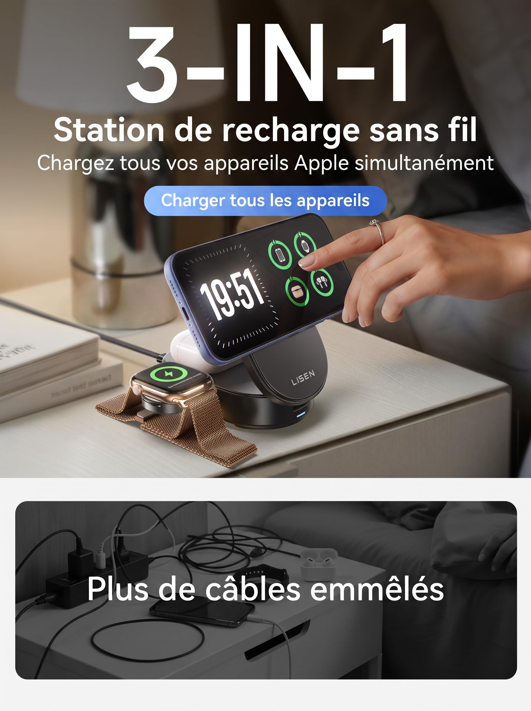 LISEN Station de Charge Apple Qi2.2 25W 3 en 1 - Station de Charge iPhone - Réglable à 70° - pour iPhone 17 Pro Max/16/15/14/13/Apple Watch/AirPods - avec Bloc d'alimentation 45 W