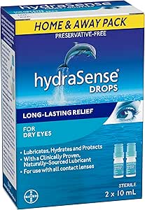 HydraSense Eye Drops, For Dry Eyes, Fast and Long-Lasting Relief, Preservative Free, Naturally Sourced Lubricant, Home and Away Twin Pack (2 x 10 mL), 20 mL