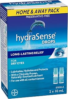 HydraSense Eye Drops, For Dry Eyes, Fast and Long-Lasting Relief, Preservative Free, Naturally Sourced Lubricant, Home and Away Twin Pack (2 x 10 mL), 20 mL
