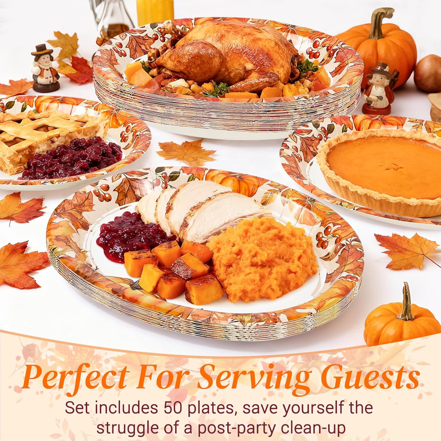 50 Pcs Oval Thanksgiving Paper Plates, 12 x 10 Inch Large Disposable Thanksgiving Heavy Duty Plates for Dinner Platters,Turkey, Pumpkin, Autumn Fall Harvest Party Decor