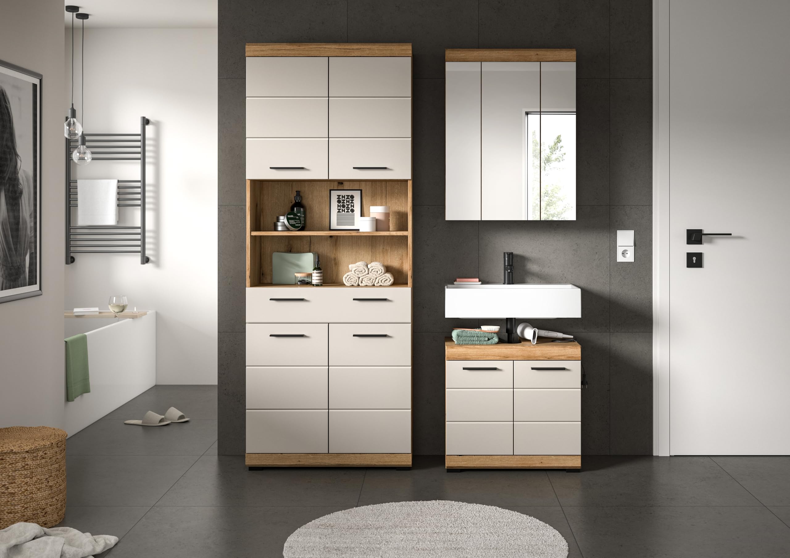 xonox.home – Badkombination Scout 149x191x34 cm in Evoak Oak und Kaschmir Nachbildung matt – Elegantes Set mit natürlichem Holz-Look – geradlinig – Bild 6