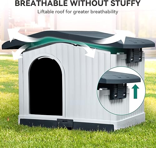 Miniatura 6 de YITAHOME Casa grande de plástico para perros con techo elevable, refugio para cachorros para interiores y exteriores, con base desmontable y ventana