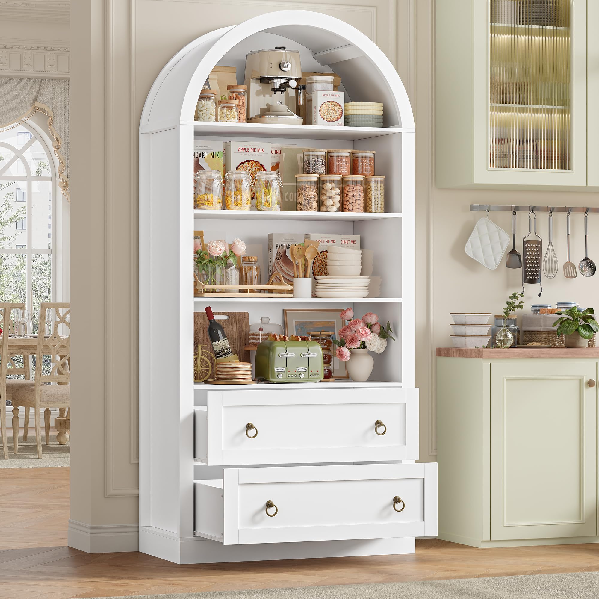 FirFurd 177 cm Libreria Verticale, Libreria ad Arco a 2 Cassetti, Vetrina Espositiva con 4 Scomparti Aperti, Scaffale ad Arco, per Soggiorno, Studio, Ufficio, Cucina, 79,5x36x177 cm (Bianco)