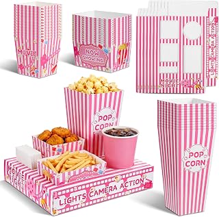 48 Pack Movie Night Party Supplies Include 24 Snack Boxes, 12 Food Trays, 12 Popcorn Bags, Pink Cute Disposable Snack Holders Cinema Theater Accessories for Family Outdoor Party Birthday