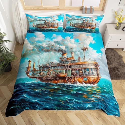 Miniatura 32 de Juego de funda de edredón retro para niños, tamaño individual, locomotora de vapor, aventura náutica del océano, decoración de habitación de niñas y