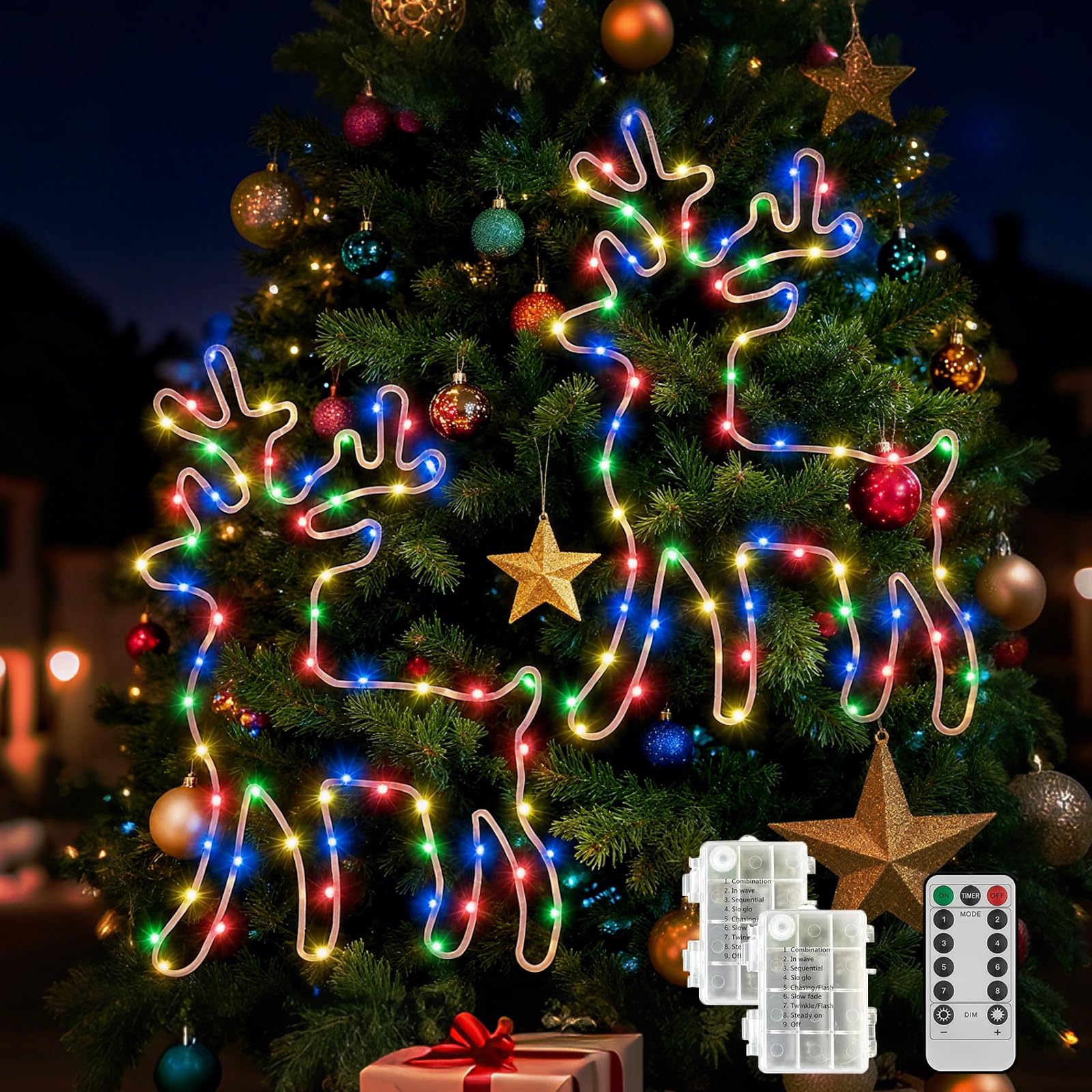 Probuk Beleuchtetes Rentier Weihnachtsdeko Set, 2 Stück LED Fensterbeleuchtung mit 120 Bunt Lichtern, 8 Modi und Timer, Batteriebetriebene Hängedeko für Weihnachten, Balkon, Hochzeit Beleuchtung