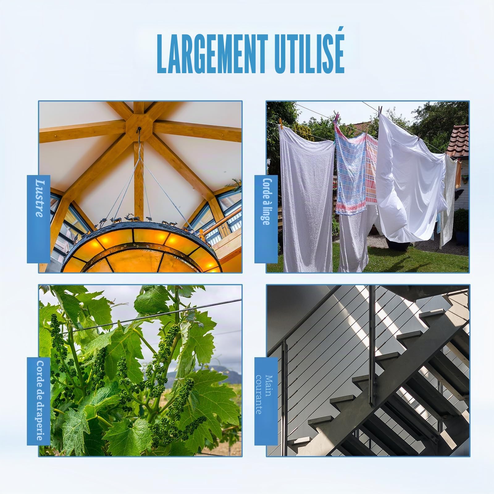 100m Câble métallique, 1mm Câble en acier inoxydable 304, âme de 7×7 brins avec 100 manchons de ser, corde à linge, pour plantes grimpantes, clôture, lumières, suspension