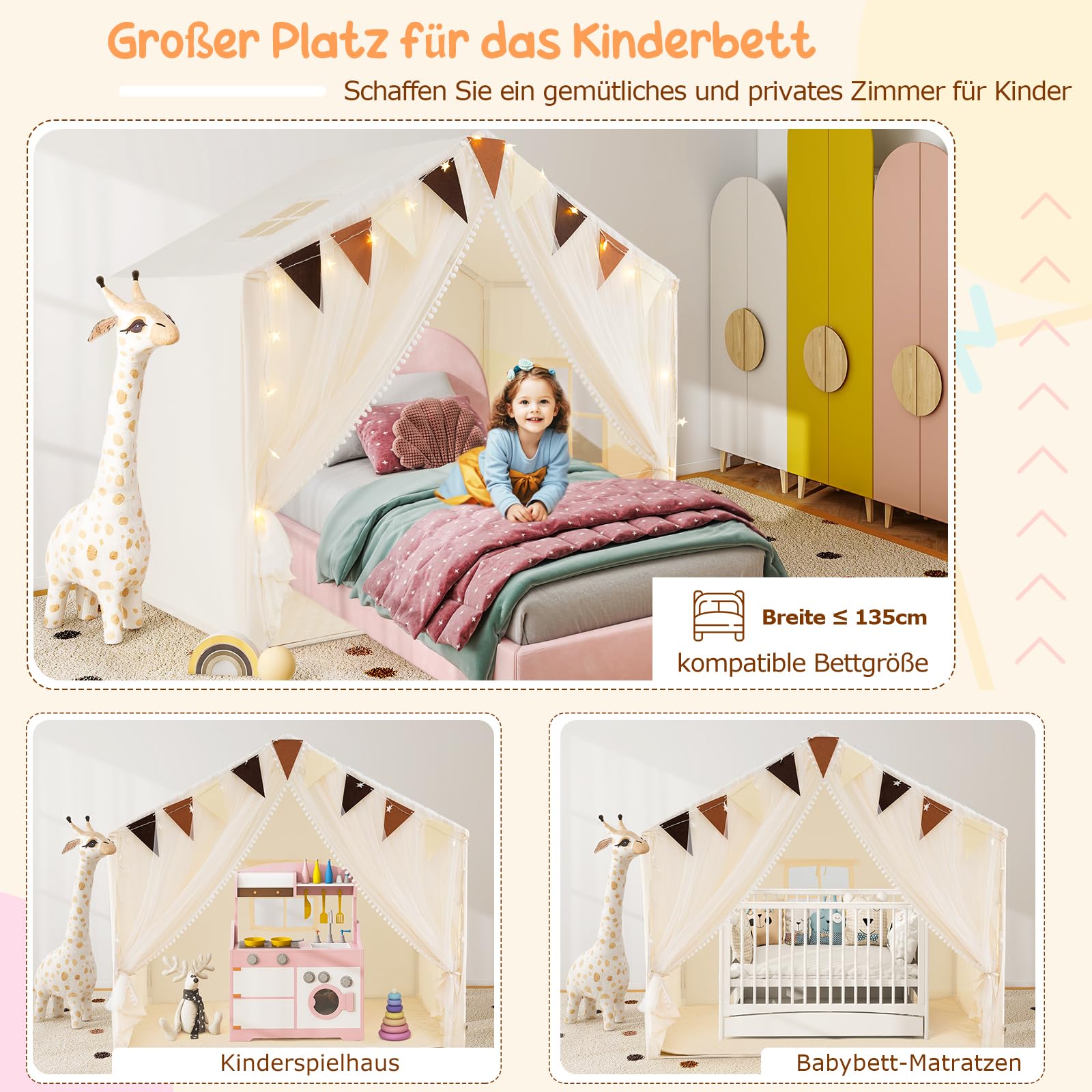 GOPLUS Spielhaus Kinder Indoor, Spielzelt groß mit Vorhängen, Fenstern, Sternenlichtern, bunten Flaggen & gepolsterter Matte, waschbares Kinderzelt für Mädchen & Jungen ab 3 Jahren (Beige)