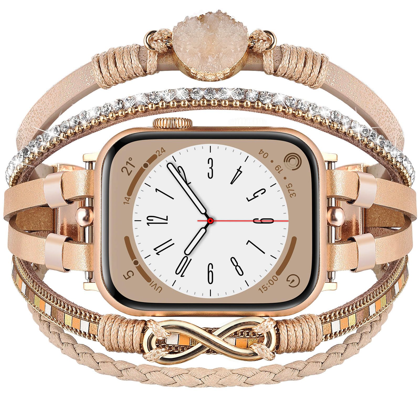 AIRSPOBoho Leather Bracelet Compatible for Apple Watch Band 38mm 40mm 41mm Women Fashion Handmade Multilayer Wrap Rhinestone Jewelry Apple Watch Strap for iWatch Bands Series 8/7/6/5/4/3/2/1/SE