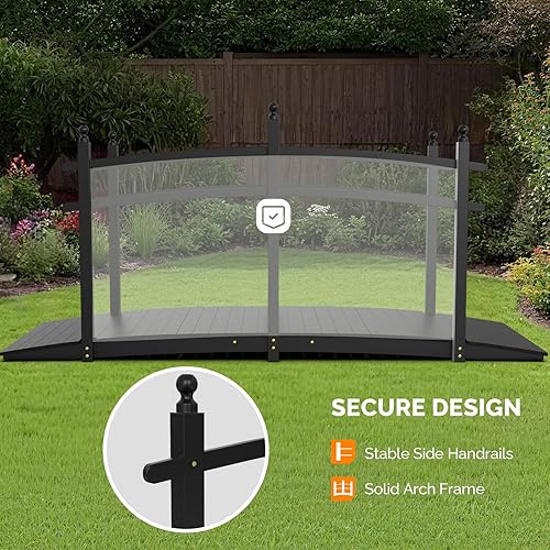 Vista 3 de VINGLI Puente de jardín, arco de madera clásico con pasarelas de seguridad (negro, 7.5 pies)