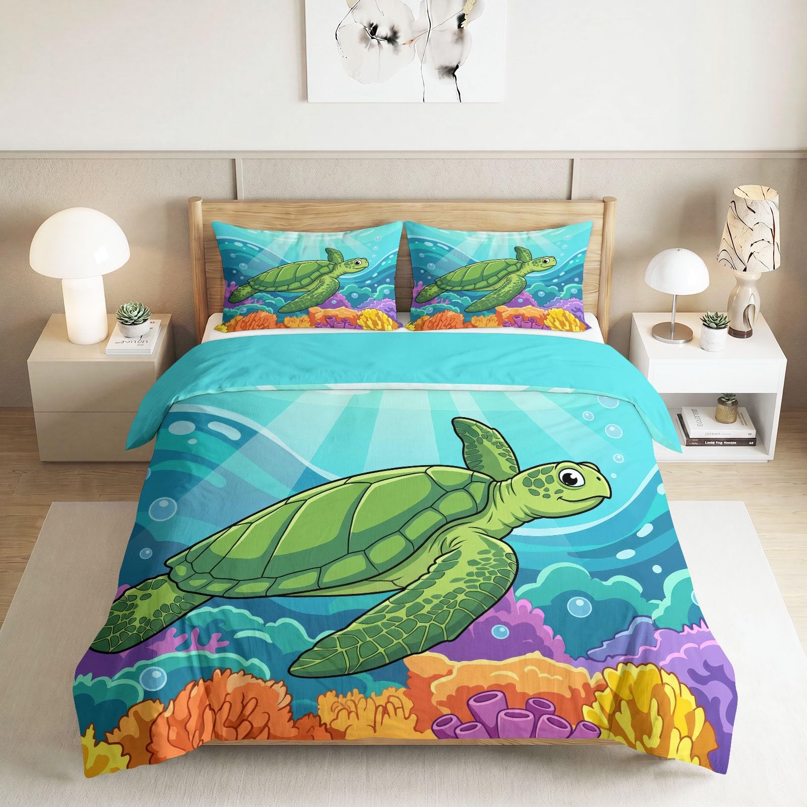 Poszwa na kołdrę 180 x 220 cm, zestaw pościeli z kreskówkowymi zwierzętami żółwia - zawiera 1 poszewkę na kołdrę i 2 poszewki na poduszki - łatwa pielęgnacja odporna na wilgoć, niebiesko-zielony