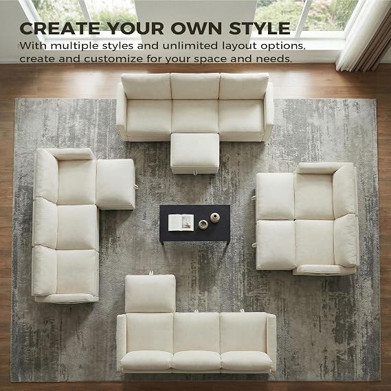 GRAVFORCE 251cm L Shaped Sofa with Storage Under Every Seat Chenille Beige | Oversized Deep Seat Corner Sofa with Side Pockets Footstools Modular Sofa with Wide Armrests Perfect for Living Room Bedroom