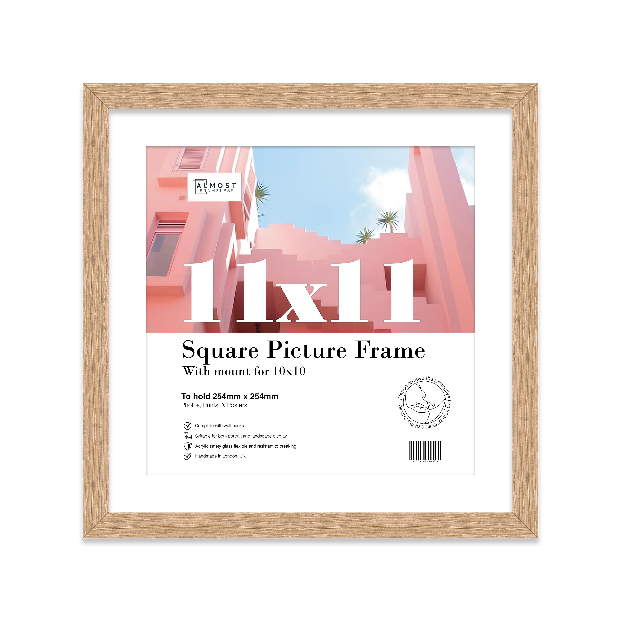 Almost Frameless 11x11 Picture Frame, Display Pictures 10x10 With Mat or 11x11 Without Mat, Wall Hanging Photo Frame, Oak, 1 Pack