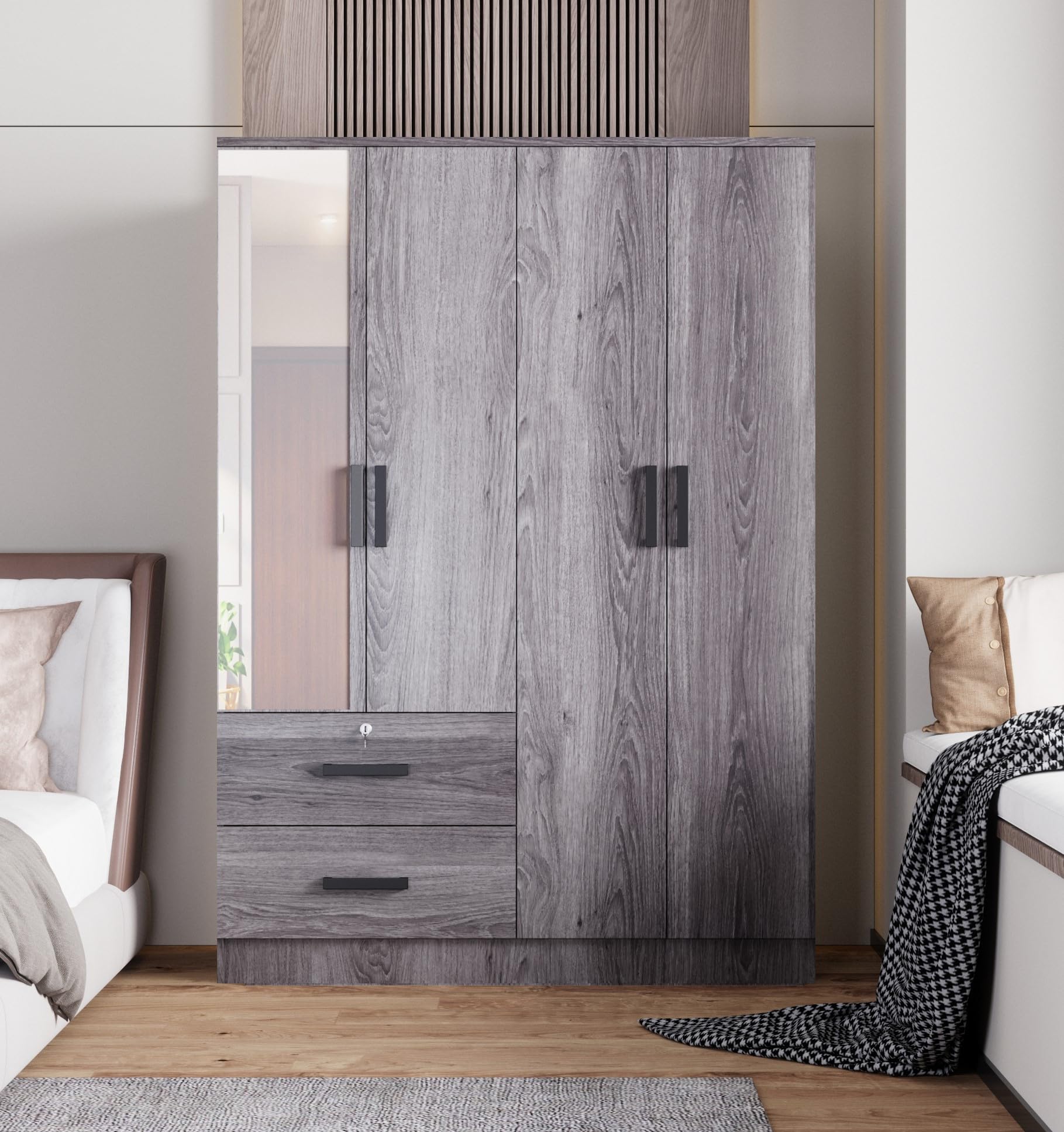 Woodpeckers Furniture And Mattress 4 Mirrored Doors Wardrobe 2 Drawers with Shelves 72 high (1 Mirror, Grey)