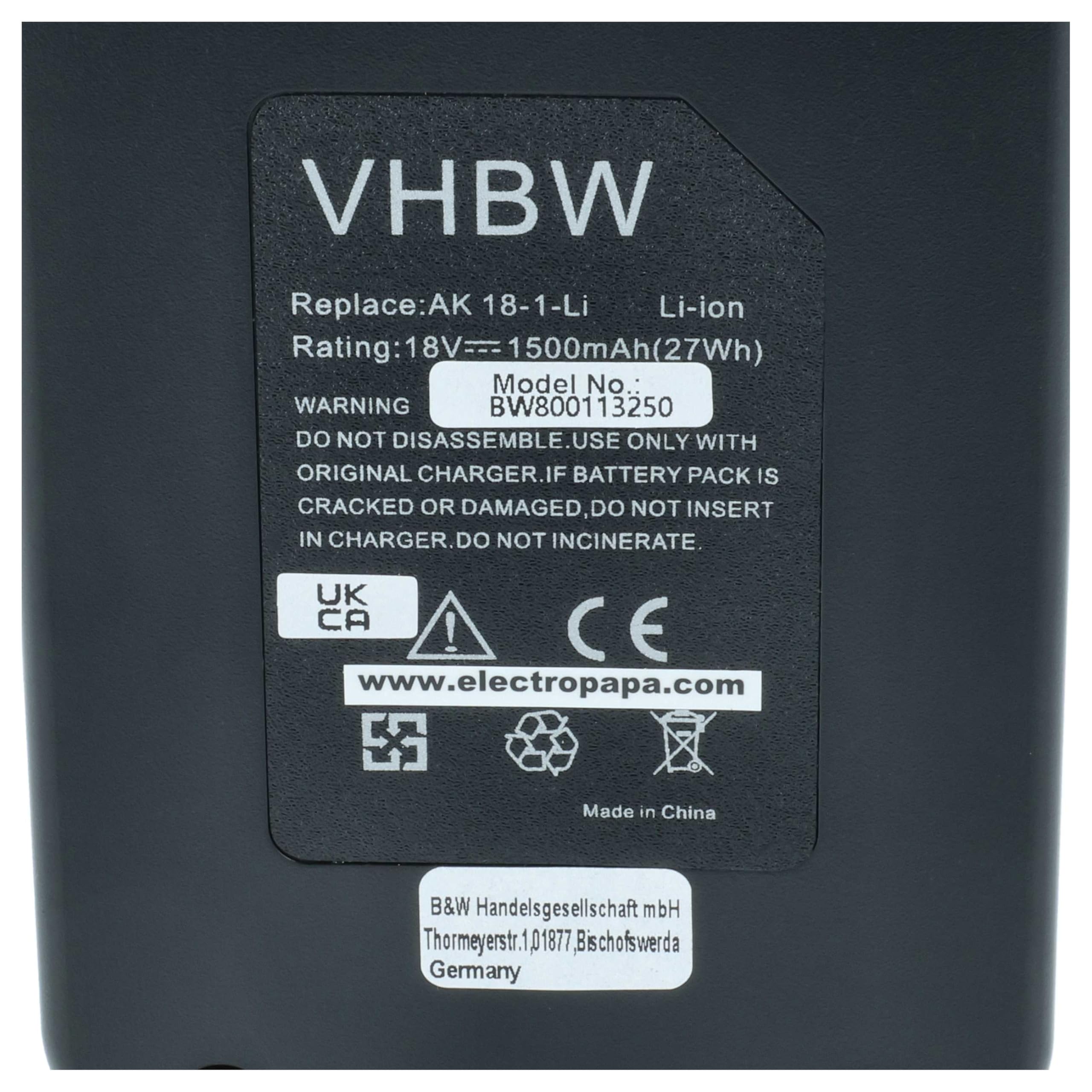 vhbw akumulator litowo-jonowy 1500 mAh (18 V) nadaje się do elektronicznych matryc narzędzi AK 18-1-Li zastępuje 120.300.650.