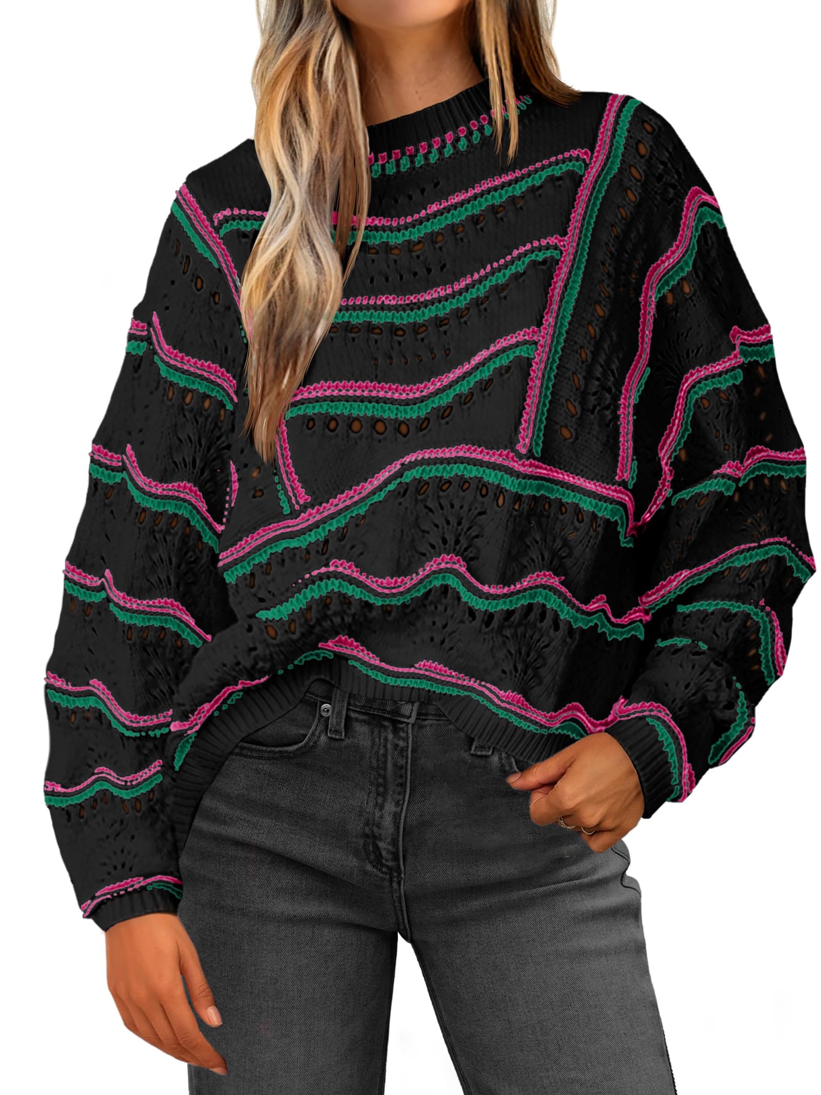 SaodimallsuWomens Striped Sweaters Color Block Crochet Crew Neck Batwing Long Sleeve Loose Knit Fall Pullover Tops