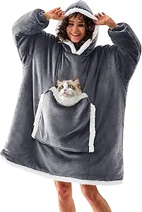 JOYWOO Wearable Blanket Hoodie, Birthday Gifts for Women Men Mom, Oversized Hooded Blanket for Adult, Cozy Fuzzy Sherpa Sweatshirt Blanket with Giant Pocket and Winter Gifts, Grey