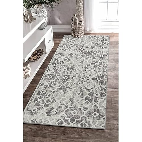 Wonnitar Moroccan Washable Area Rug - 2x4.3 Grey Kitchen Runner Rug Non-Slip Entryway Rug Modern Geometric Trellis Throw Rug Faux Wool Distressed Floor Carpet for Hallway Bedroom Bathroom