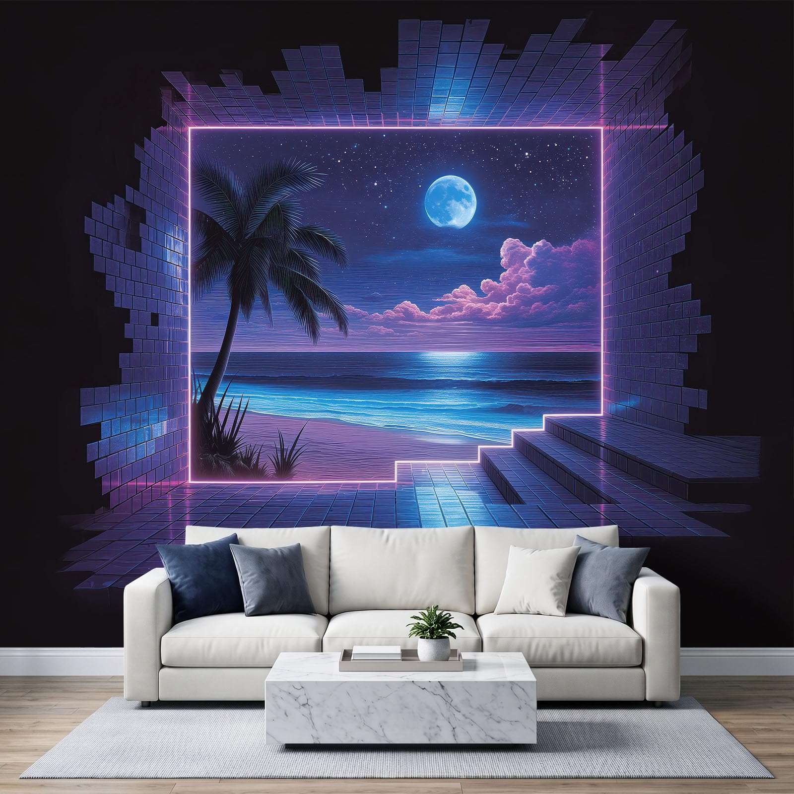 Panoramiczna tapeta 3D 250 x 175 cm retro futuristisch Tropisch Pflanzen Palmen tapeta z włókniny, plakat ścienny do salonu, dekoracji pokoju dziecięcego, łatwy montaż, niebiesko-fioletowy
