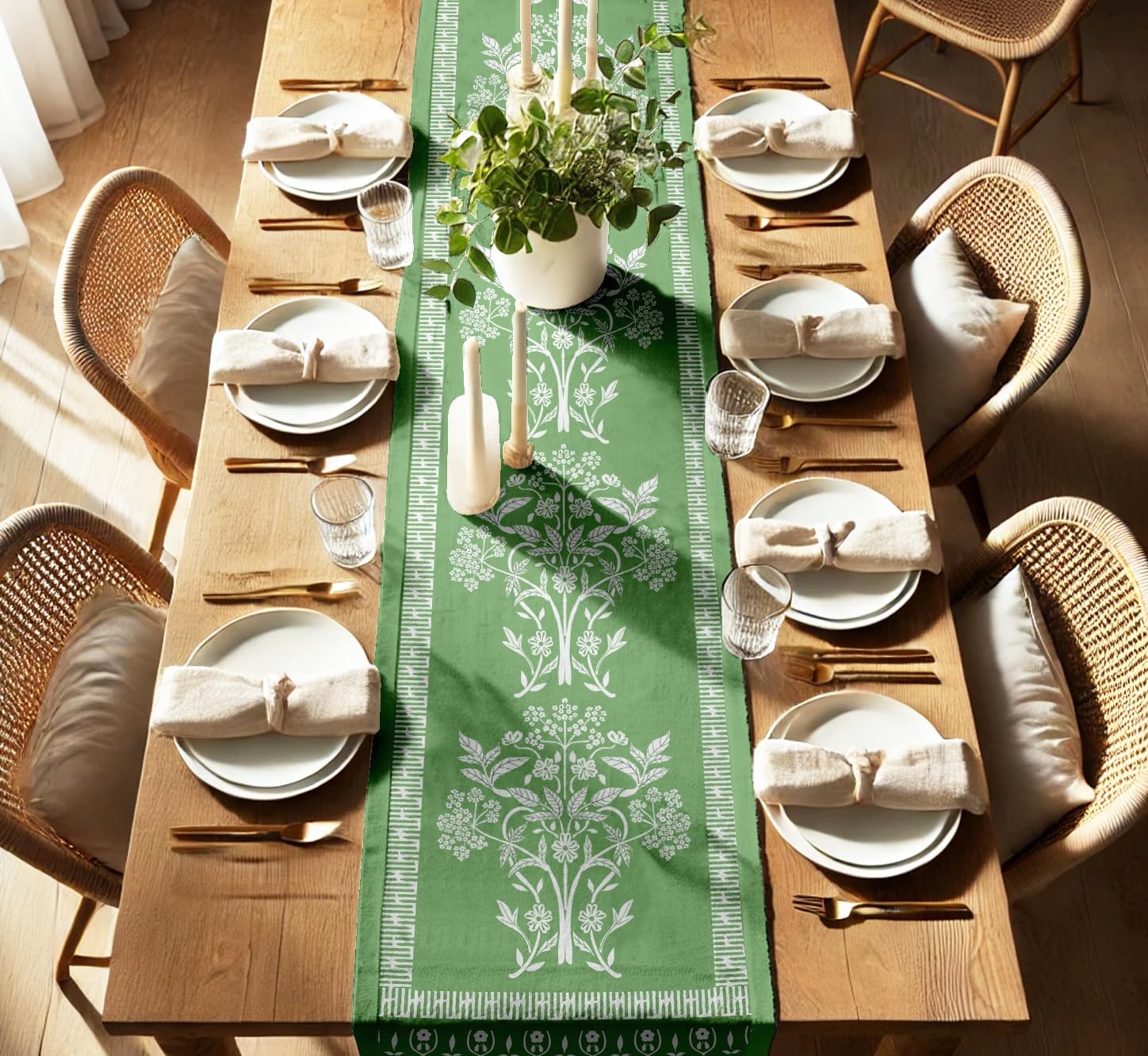 Handcrafted Double Layer Cotton Table Runner - Vargottam Fabric Table Linen with Border - Machine Washable, Stylish Runner for Dining & Console Tables - Leaves