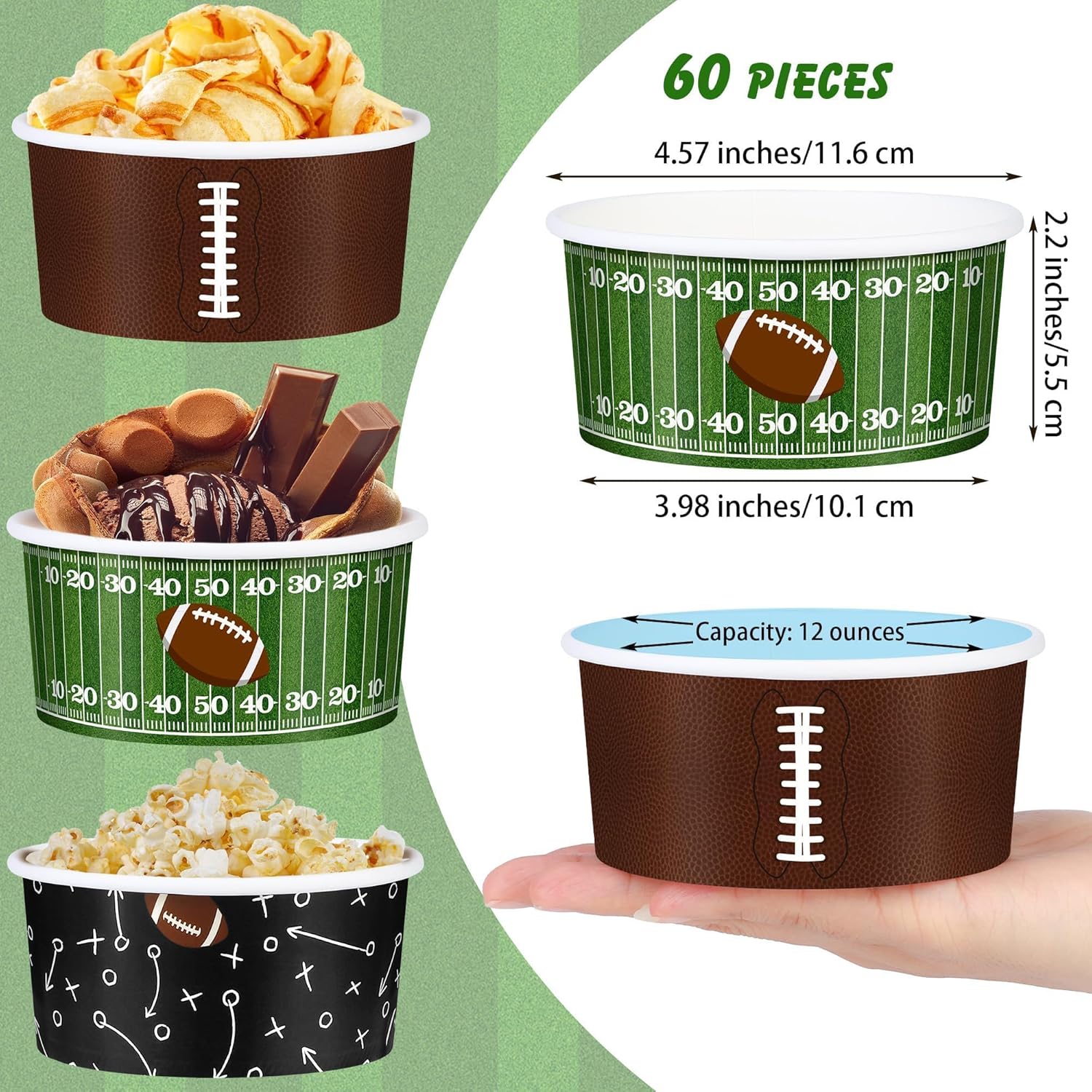 Kochorie 60 Pack Large Football Party Paper Bowls 12oz Football Snack Bowl Paper Ice Cream Cups Disposable Soup Chili Bowl for BBQ Picnic Sport Events Gameday Birthday Tailgate Party Supplies
