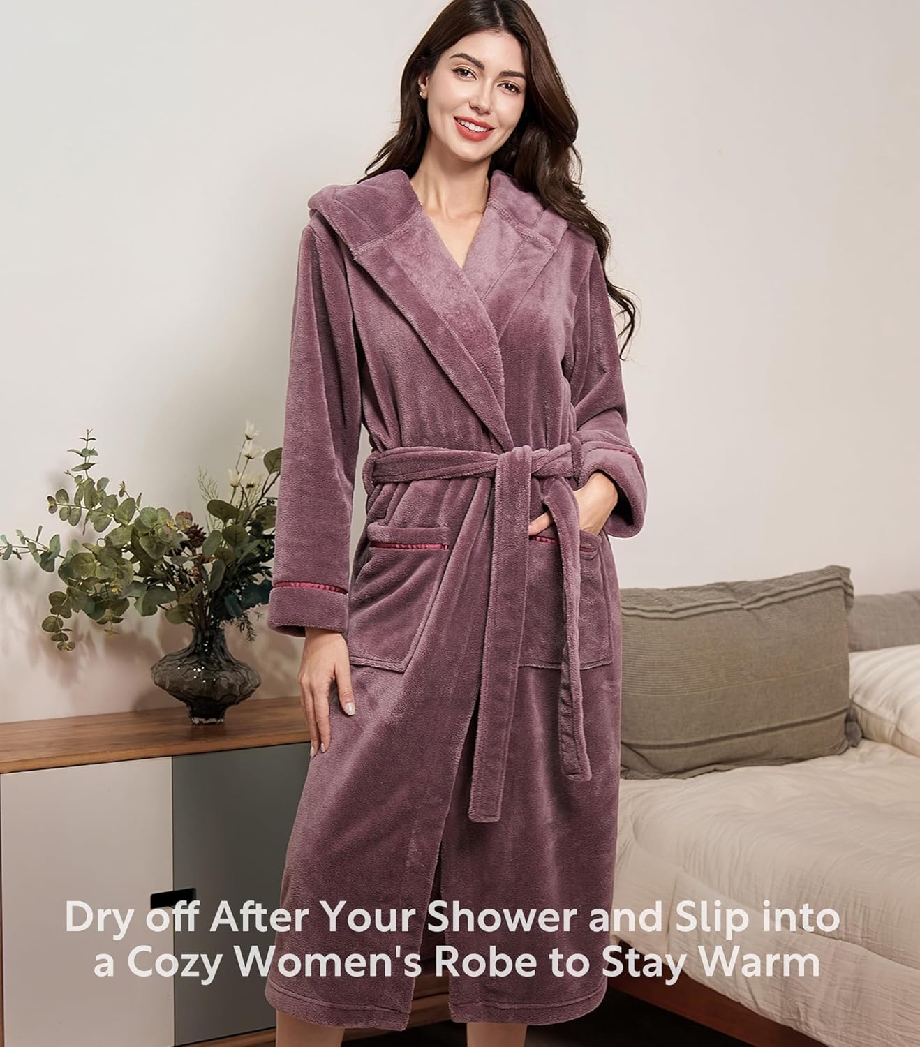 DAVID ARCHY Plush Robes for Women Warm Thick Fleece Fluffy Luxury Cozy Soft Hooded Bathrobe Winter House Full Length