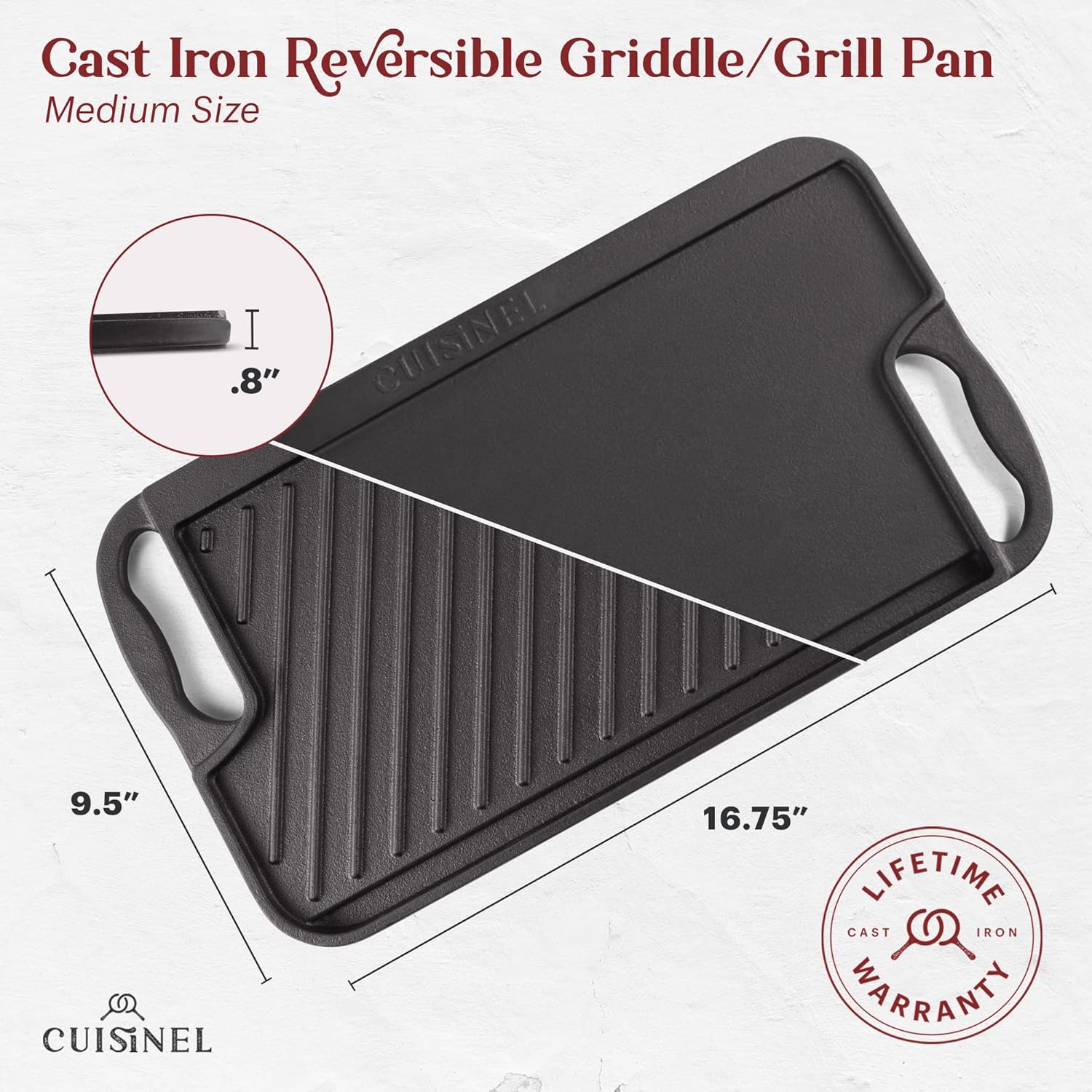 Cuisinel Cast Iron Griddle/Grill + Burger Press + Pan Scrapers - Reversible Pre-Seasoned 16.75" X 9.5"-inch Dual Handle Flat Skillet and Griller Pan + Cleaning Accessories - Indoor/Outdoor Stove Safe