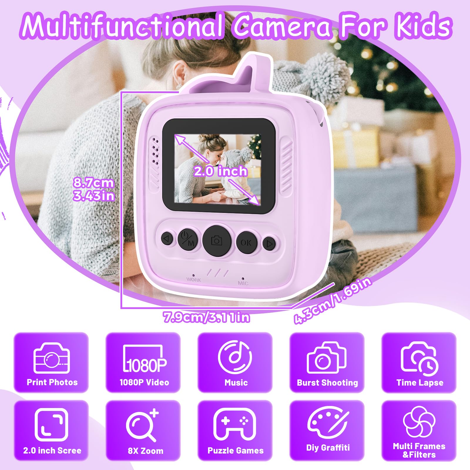 Appareil Photo Instantané Enfants, 1080P HD 48MP Appareil Photo Enfants avec 32GB Carte, 3 Rouleaux de Papier d'impression & Étui Protection en Silicone Unicorn, Cadeaux de Noël pour Garçon 3-12 Ans