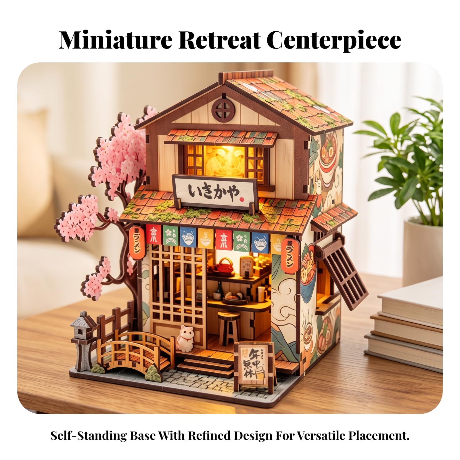 Miniatura Edificio Blocchi Costruzione Kit Modello Casa Vetrina Ornamento Tavolo Illuminazione Calda Legno con Tetto a Strati Finestre a Porta Insegna