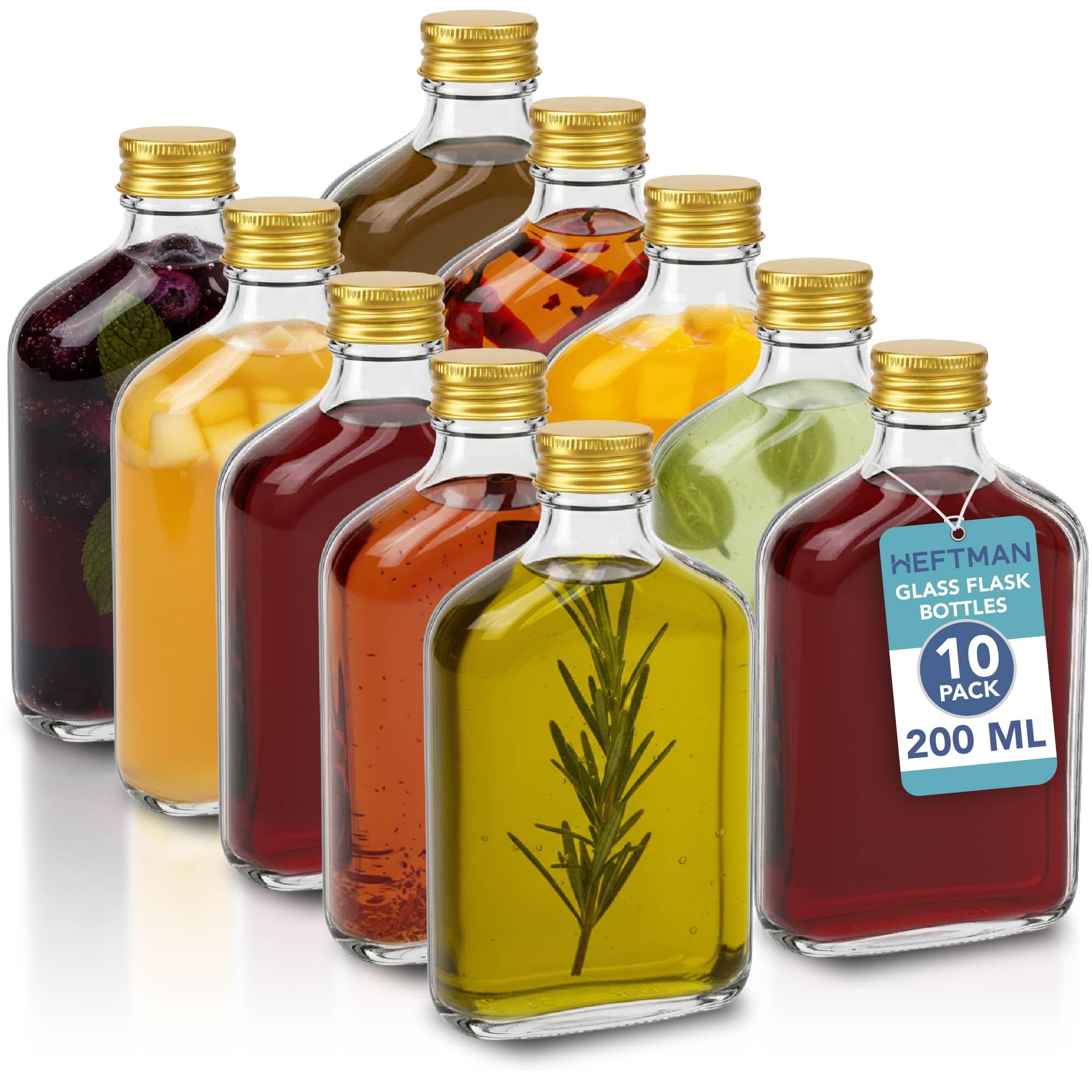 Heftman Transparent/Gold Flask Small Glass Bottles - 10 Pack 200Ml Glass Bottles With Lids, Empty, Airtight, Reusable 200Ml Bottle - Perfect For Gin, Wine, Vinegar, Homemade Beverages, Sauces, Décor