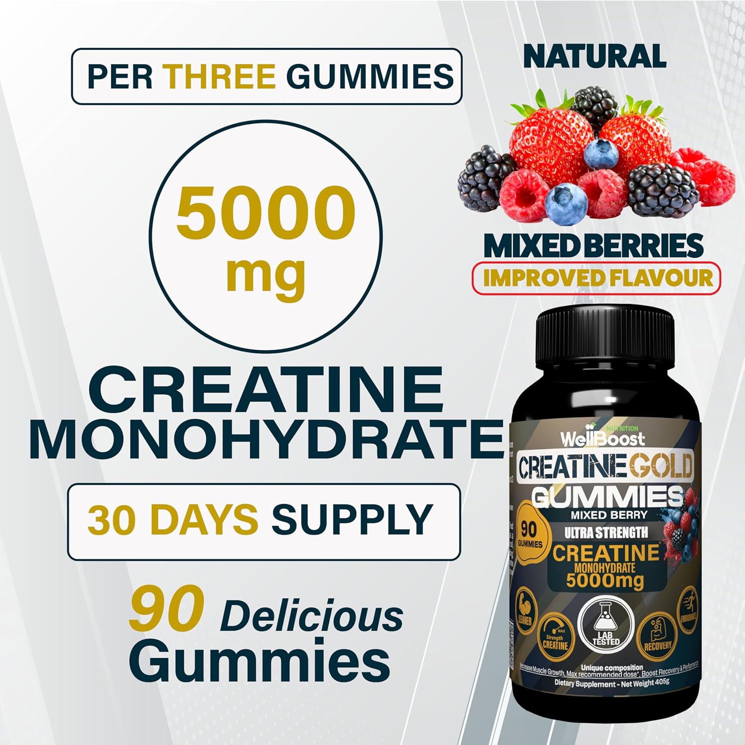 WellBoost Creatine Gold – 5000mg Creatine Monohydrate, Vegan, Sugar-Free Gummies for Lean Muscle Growth, Endurance, Recovery & Energy (1 Month Supply) with Mixed Berry Flavour.