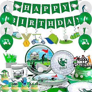 159pcs Golf Birthday Party Decorations Supplies, 16 Guests Golf Party Tableware Set Golf Birthday Banner Balloons Sport Party Plates Napkin Tablecloth etc