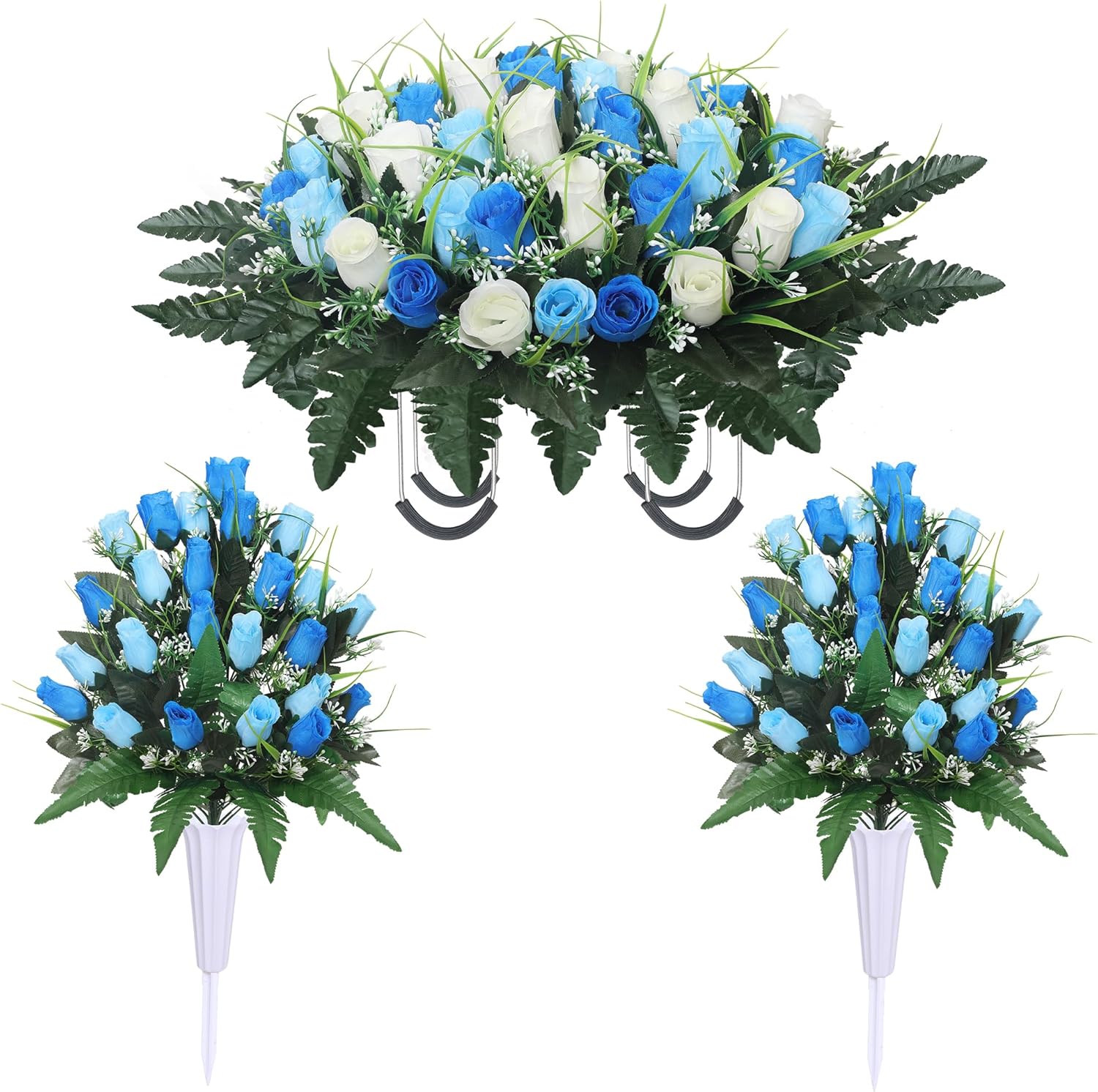 Lodou Artificial Cemetery Flower Saddles for Graves, Cemetery Memorial Flowers with Vase and 2 Memorial Bouquets for Grave Tombstone,Outdoor Grave Saddle Headstone Decorations (Purple White)