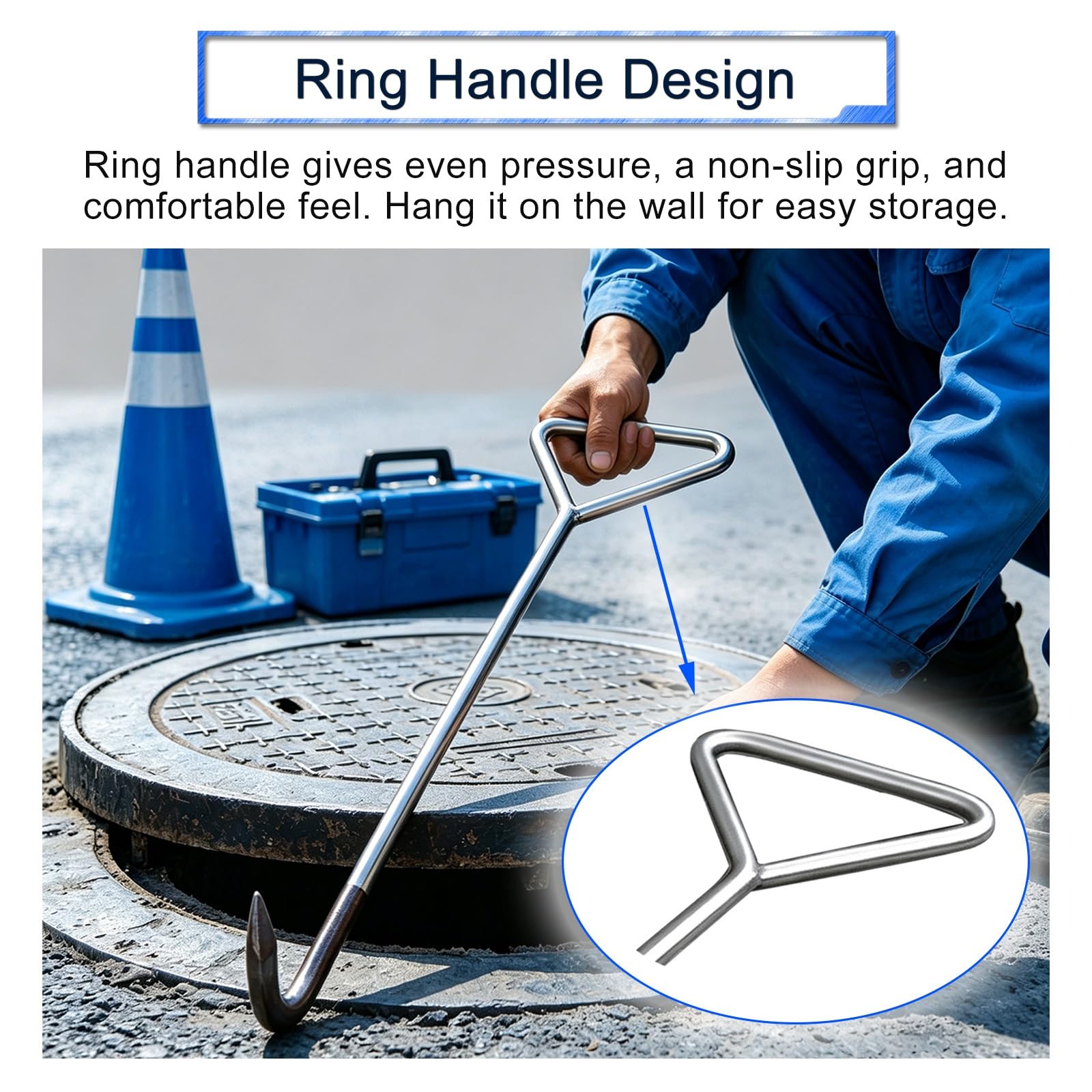 Gancho de Boca de Acero Inoxidable con Bucle Triangular | Gancho de tracción de anillo triangular, herramienta de palanca multiusos para alcantarillas(10mm/0.4in Pointed,1.5m/59in)