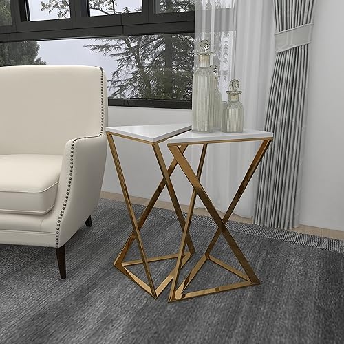 Miniatura 6 de Deco 79 Mesa auxiliar de metal con parte superior de mármol, juego de 2 mesas auxiliares de 14 pulgadas de ancho, 24 pulgadas de alto, color dorado