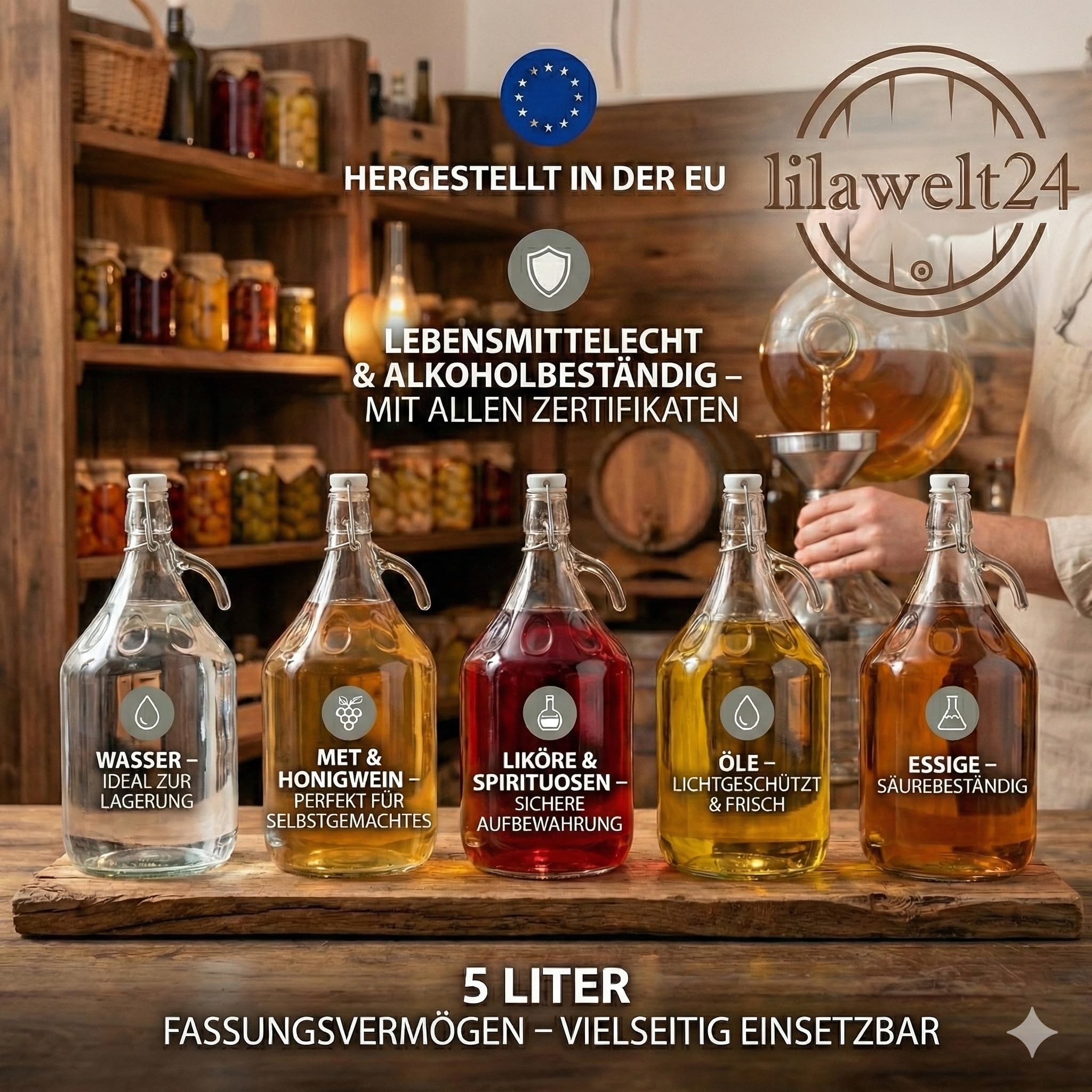 lilawelt24 6 x 5L Glasballon (Gallone) mit Bügelverschluss & Henkel - Glasflasche für Wein, Gärung, Saft, Likör & Einmachen